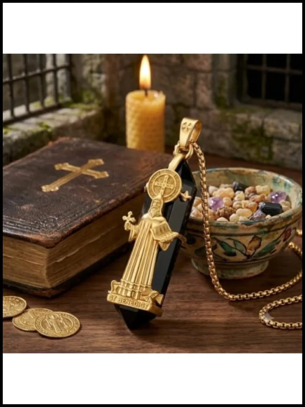 St Benedict Medal Crystal Necklace Gold Plated 925 Sterling Silver Catholic